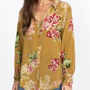 Johnny Was Mustard Yellow Vintage Rose Floral Yrene Silk Long Sleeve Blouse